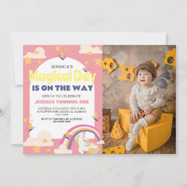 Convites Fotos de Menina Simpática Unicórnio Primeiro Anive