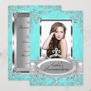 Convites Fotos de Quinceanera com Glamour Vintage Teal Prat