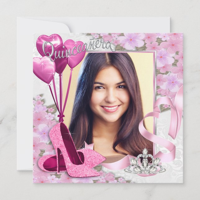 Convites Fotos de Quinceanera de Sapatos Rosa (Frente)