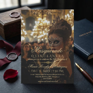 Convites Fotos de Quinceanera dourada Máscara Chic