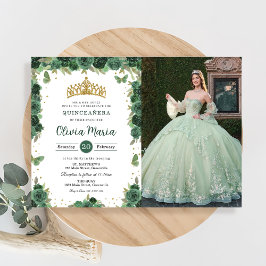 Convites Fotos de Quinceañera Esmeralda Verde Floral Borbol