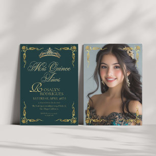 Convites Fotos de Quinceanera Princesa Ouro Verde Esmeralda