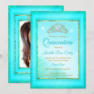 Convites Fotos de Quinze Anos Azul Turquesa Damasco Tiara D