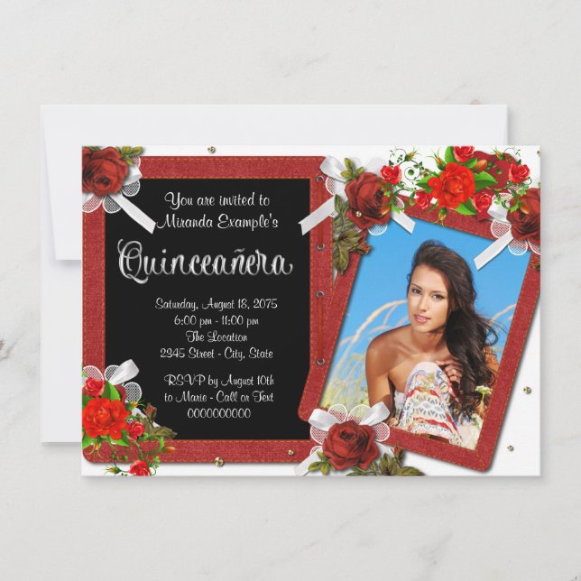 Convites Fotos de Rosa Vermelha Quinceanera (Frente)