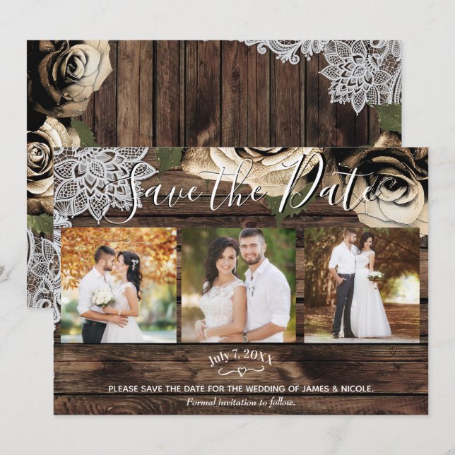 Convites Fotos de Rosas Douradas em Madeira Rústica Mínima  (Frente/Verso)