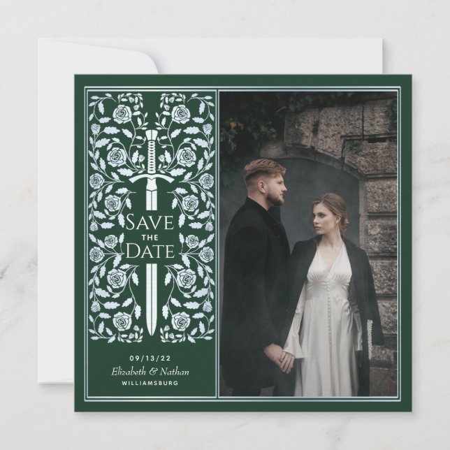 Convites Fotos de Silver Green Medieval Sword Save the Date (Frente)
