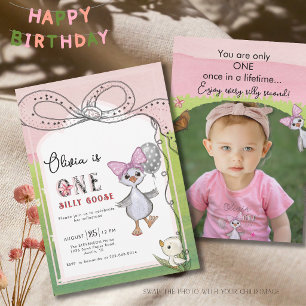 Convites Fotos do 1º Aniversário da Silly Goose com Laço Ro
