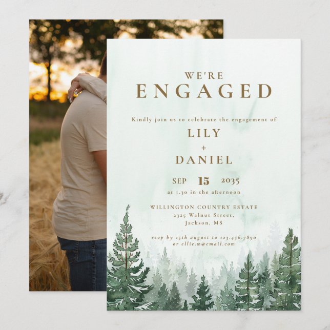 Convites Fotos do Partido de Noivado Floresta Aquarela Rúst (Frente/Verso)