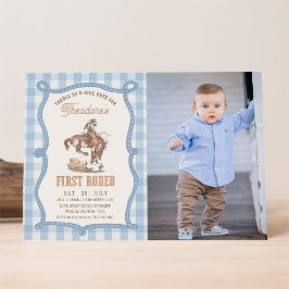 Convites Fotos do Primeiro Rodeio em Xadrez Azul Vintage