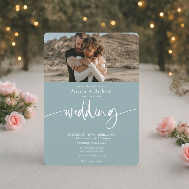 Convites Fotos do script de casamento azul-marinho moderno (Modern elegant sea blue wedding script photos invitation)
