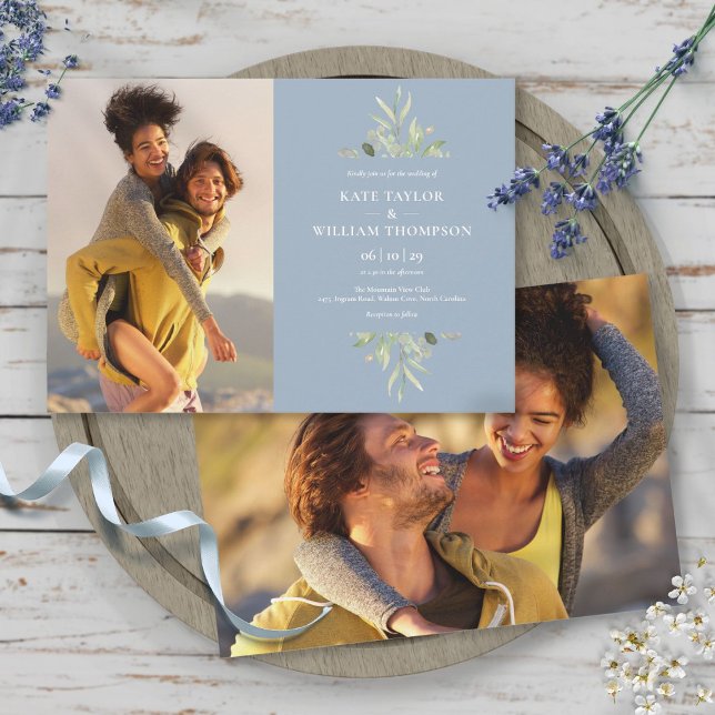 Convites Fotos Elegantes de Verde com Poeira Azul Casamento (Elegant Dusty Blue Greenery Photos Wedding Invitation)