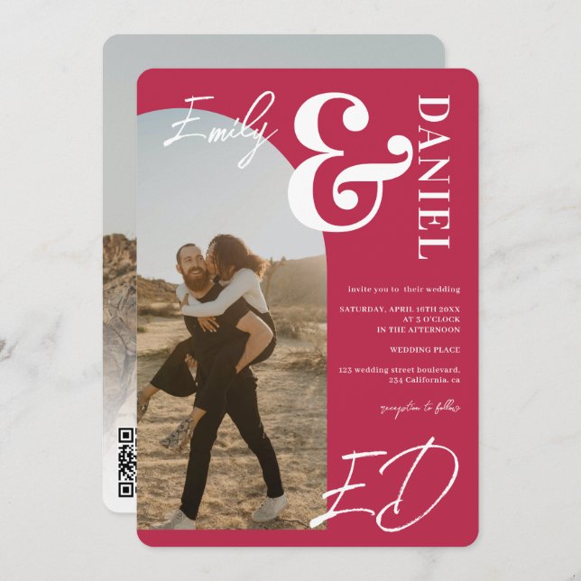 Convites Fotos em negrito com nomes de script Arch Magenta  (Frente/Verso)