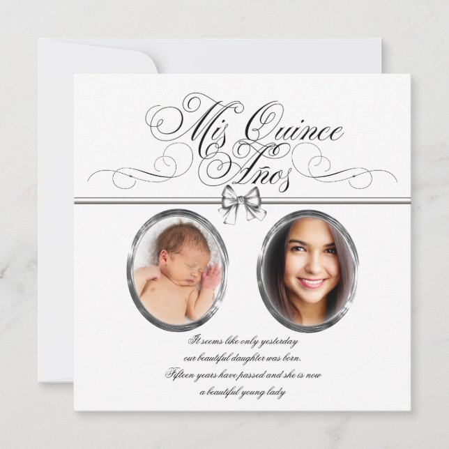 Convites Fotos em preto e prata para Quinceanera em branco (Frente)