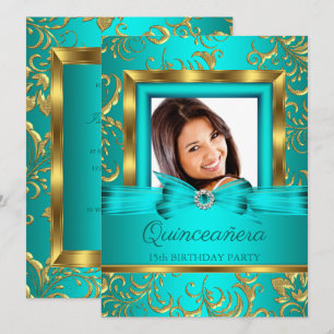 Convites Fotos Florais de Quinze Anos em Azul Teal e Dourad
