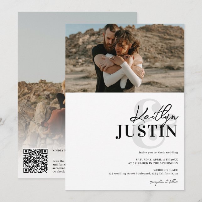 Convites Fotos negros caligrafia casamento branco preto (Frente/Verso)