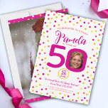 Convites Fotos personalizadas de 50 anos confetti cor-de-ro<br><div class="desc">Bright colorida confetti aleatoriamente pontos aleatórios aniversário 50 convites de festas surpresa. Em rosa escuro, vermelho, coral, ouro amarelo e amarelo em branco. Adicione a sua foto de aniversariante no centro do 0 em 50 e uma foto do tamanho do cheio no verso (ideal para uma oportunidade de fotos e...</div>