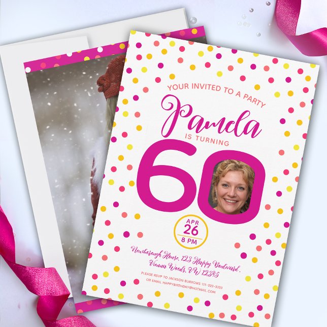Convites Fotos personalizadas de 60 anos confetti cor-de-ro (Criador carregado)
