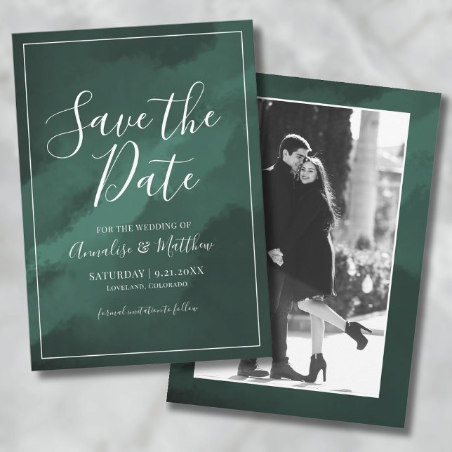 Convites Fotos Verdes de Casamento Salve a Data (Elegant Script Green Wedding Save the Date Invitation)