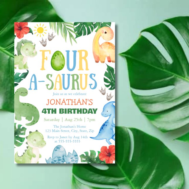 Convites Four A-Saurus Dino 4th Birthday (Criador carregado)