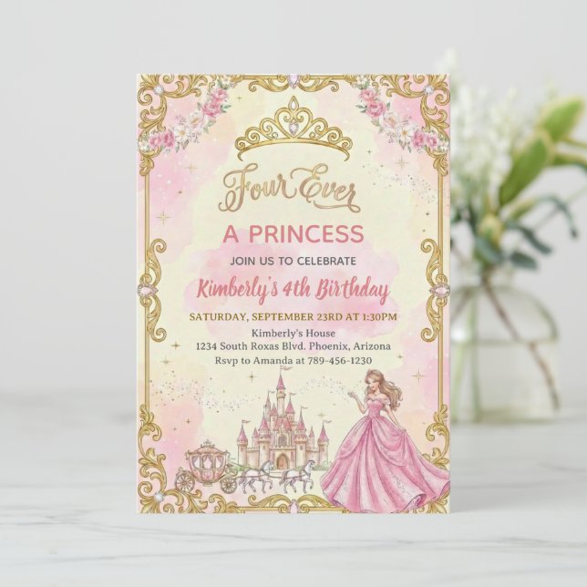 Convites Four Ever A Princess Pink Girl 4th Birthday Party (Em pé/Frente)