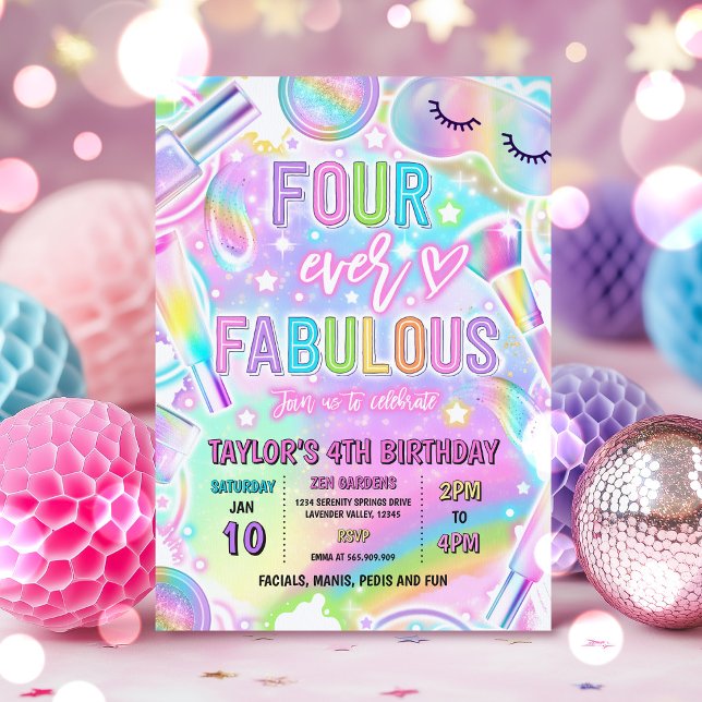 Convites Four Ever Fabulous Rainbow Spa Makeup Birthday  (Criador carregado)
