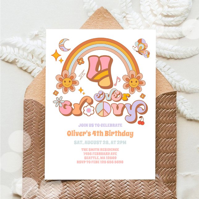 Convites Four Ever Groovy Retro 4th Birthday Invitation (Criador carregado)