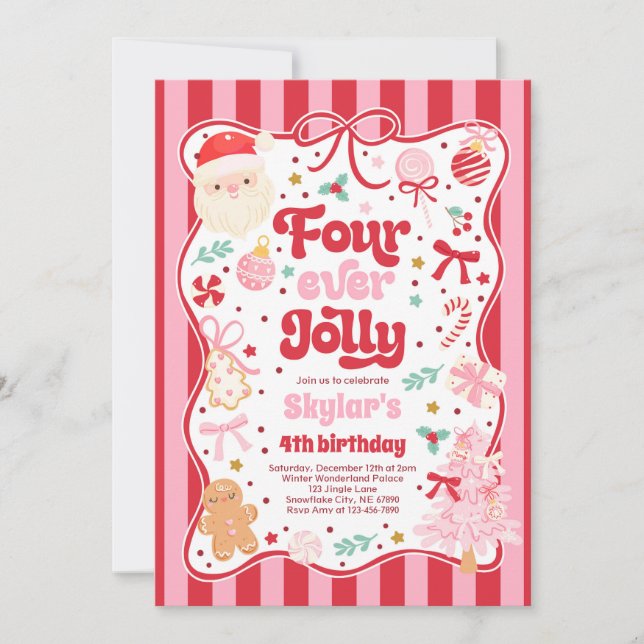 Convites Four Ever Jolly Christmas Bow 4th Birthday (Frente)