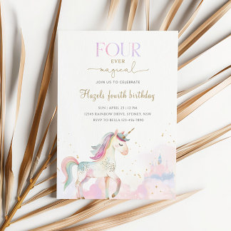 Convites Four Ever Magical Pastel Unicorn 4th Birthday