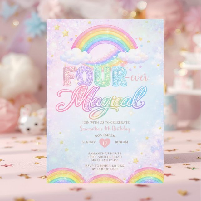 Convites FOUR EVER Magical Rainbow 4th birthday invitation (Criador carregado)