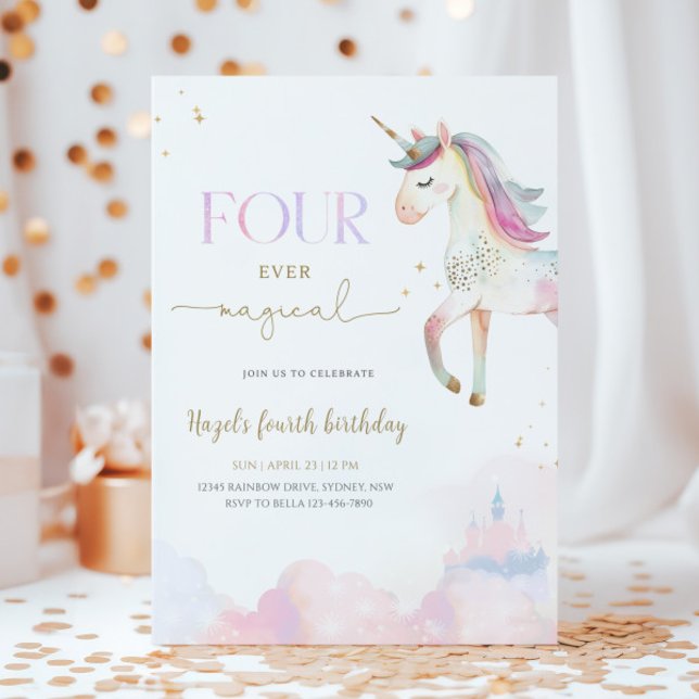 Convites Four Ever Magical Unicorn 4th Birthday Party (Criador carregado)