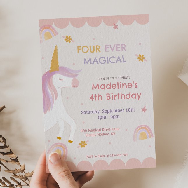 Convites Four Ever Magical Unicorn Pink Girl Birthday (Criador carregado)