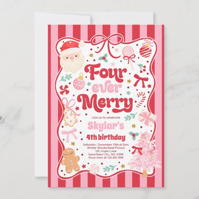 Convites Four Ever Merry Christmas Bow 4th Birthday (Frente)
