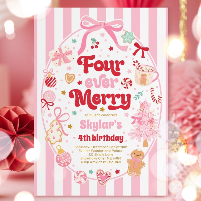 Convites Four Ever Merry Christmas Bow 4th Birthday (Criador carregado)