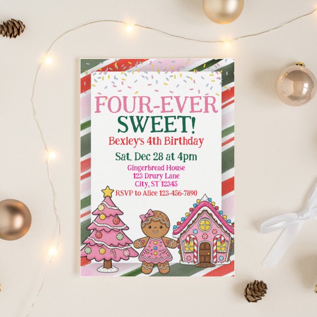 Convites Four-Ever Sweet, Pink Gingerbread 4th Birthday (Criador carregado)