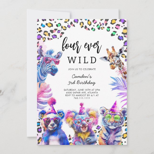 Convites Four Ever Wild Safari Animals 4th Birthday  (Frente)
