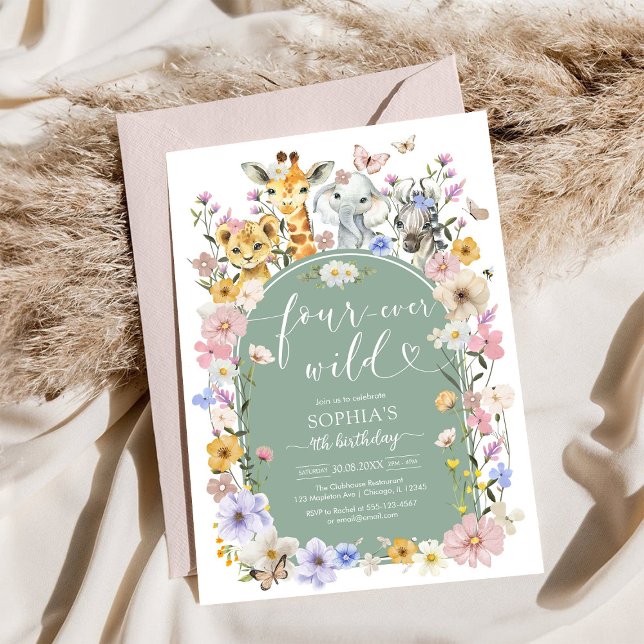 Convites Four Ever Wild Wildflower Animal 4th Birthday (Criador carregado)
