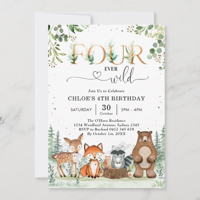 Convites Four Ever Wild Woodland Party Animals 4th Birthday (Frente)