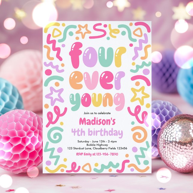 Convites Four Ever Young Confetti Balloon 4th Birthday  (Criador carregado)