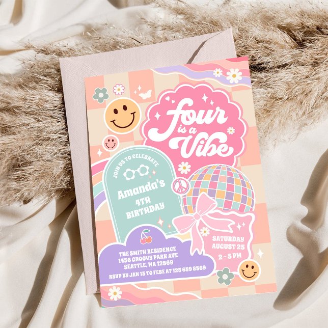 Convites Four Is A Vibe Cloud Rainbow Disco 4th Birthday (Criador carregado)