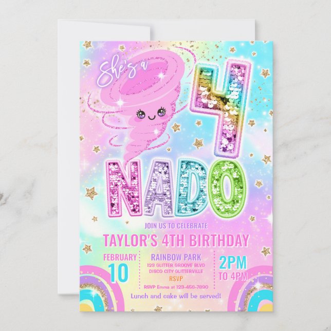 Convites Four Nado Rainbow Glitter 4th Birthday Party  (Frente)