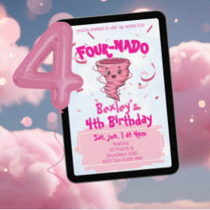 Convites Four-Nado Redemoinho Rosa 4º Aniversário