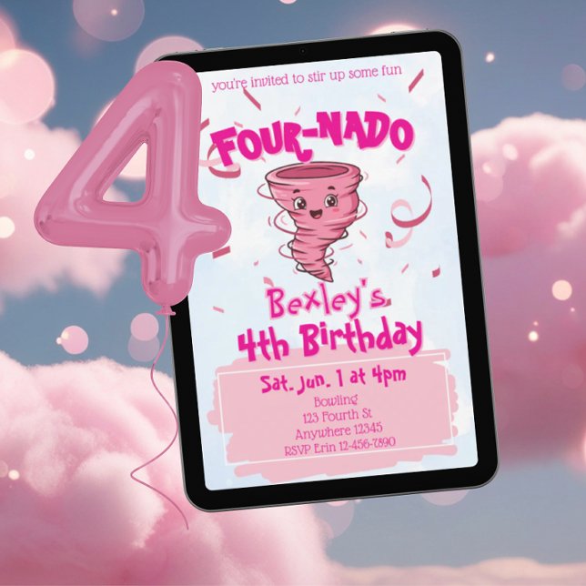 Convites Four-Nado Redemoinho Rosa 4º Aniversário (Criador carregado)