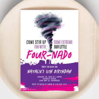 Convites Fournado Twister Tornado Púrpura Rosa Aniversário