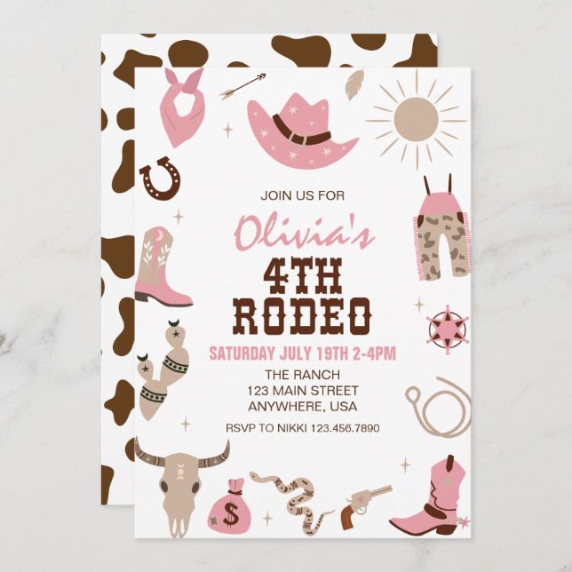 Convites Fourth Rodeo Pink Western 4th Birthday (Frente/Verso)