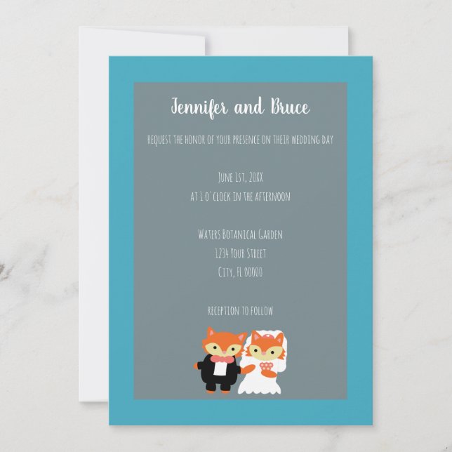 Convites Fox Bride Groom Cute Teal Cinza Personalizar Casam (Frente)