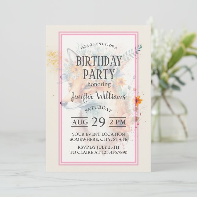 Convites Fox Flower Crown Watercolor                        (Em pé/Frente)