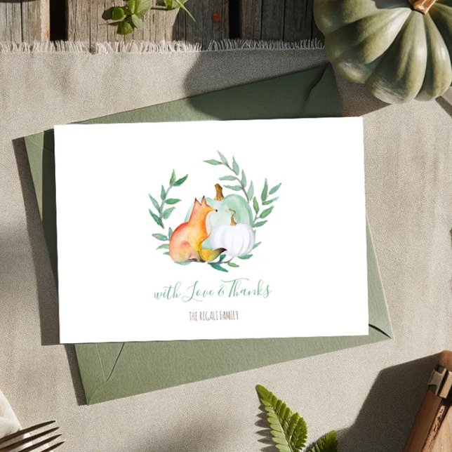 Convites Fox Pumpkin Woodland Verde Obrigado (Thank you card watercolor woodland fox and pumpkins fall )