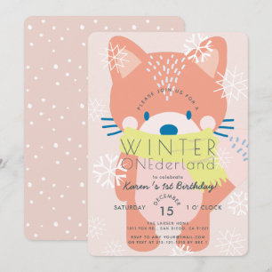 Convites Fox Winter Onederland Pink primeiro aniversario Co