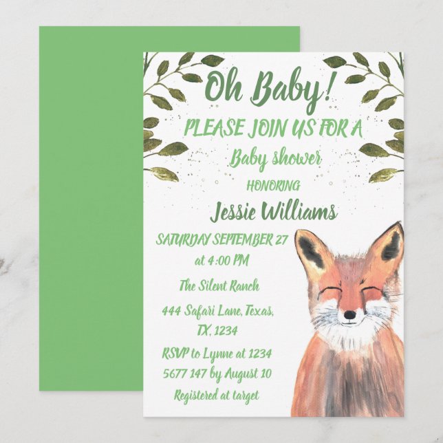 Convites Fox Woodland Animal Green Rustic Baby chá (Frente/Verso)