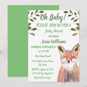 Convites Fox Woodland Animal Green Rustic Baby chá